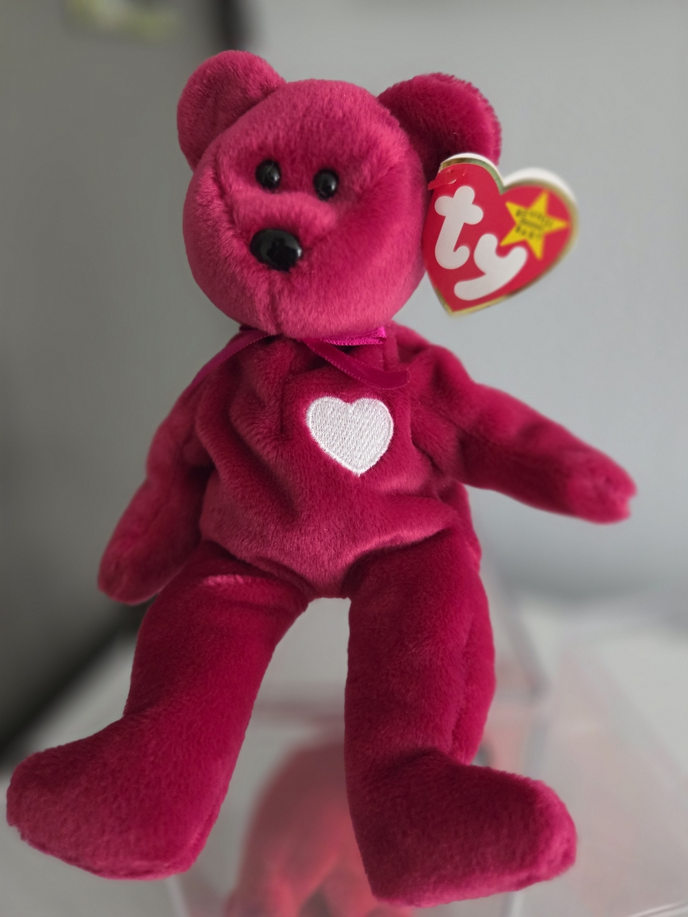 Ty Plush Heart Bear - Bright Pink with White Heart